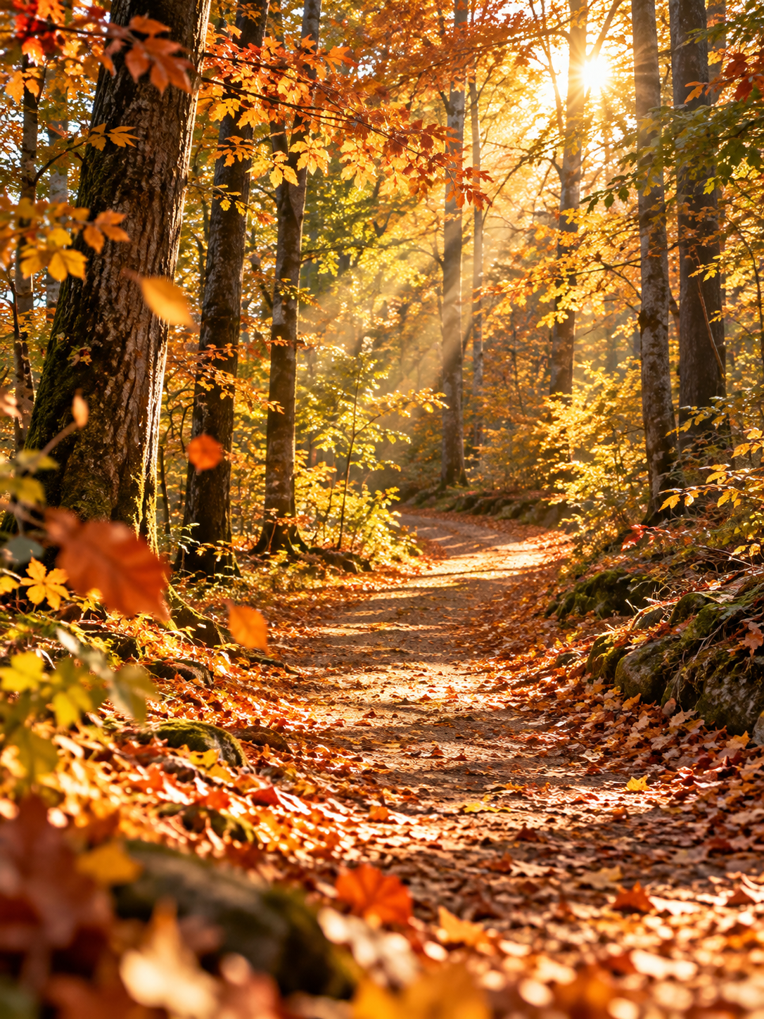Sonnendurchfluteter Herbstwald mit sanft geschwungenem Waldweg und fallenden Blättern